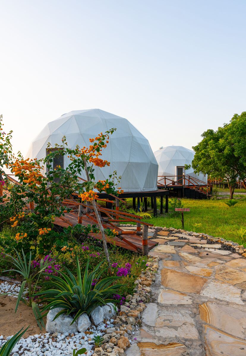 The domes from outside — The tented domes on their platforms, among the palms and facing the ocean.