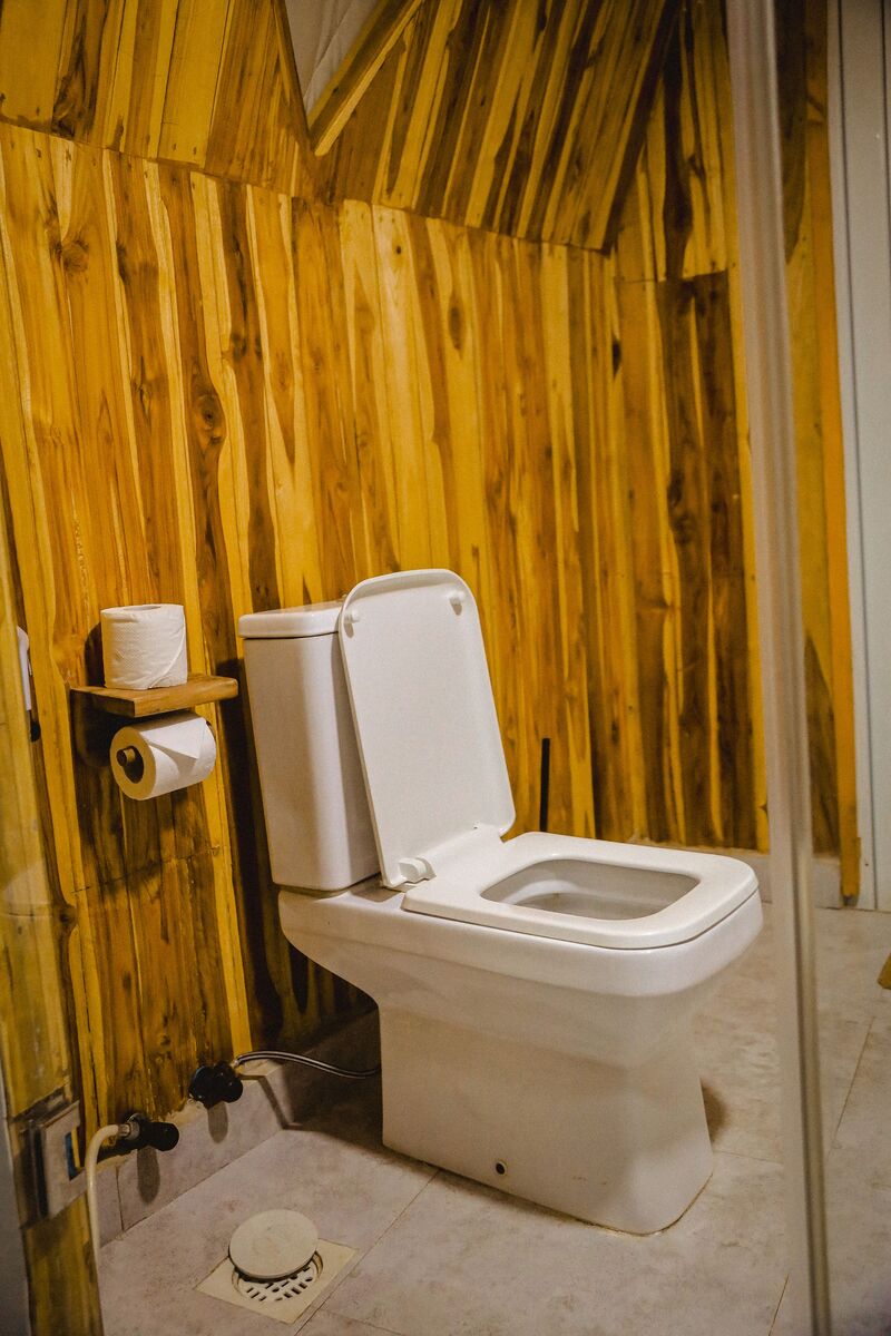 The bathrooms — Basins, mirrors, showers and WCs inside the domes.