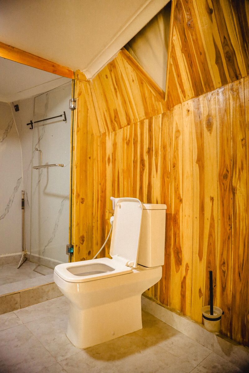The bathrooms — Basins, mirrors, showers and WCs inside the domes.