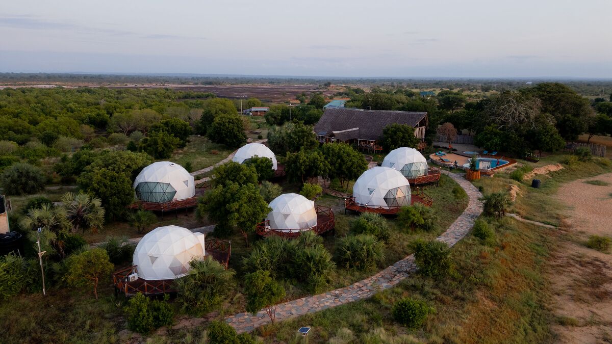 The camp from the air — The camp, the beach and the five kilometres of coast in front of it, seen from above.