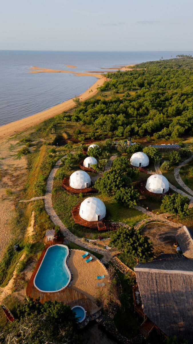 The camp from the air — The camp, the beach and the five kilometres of coast in front of it, seen from above.