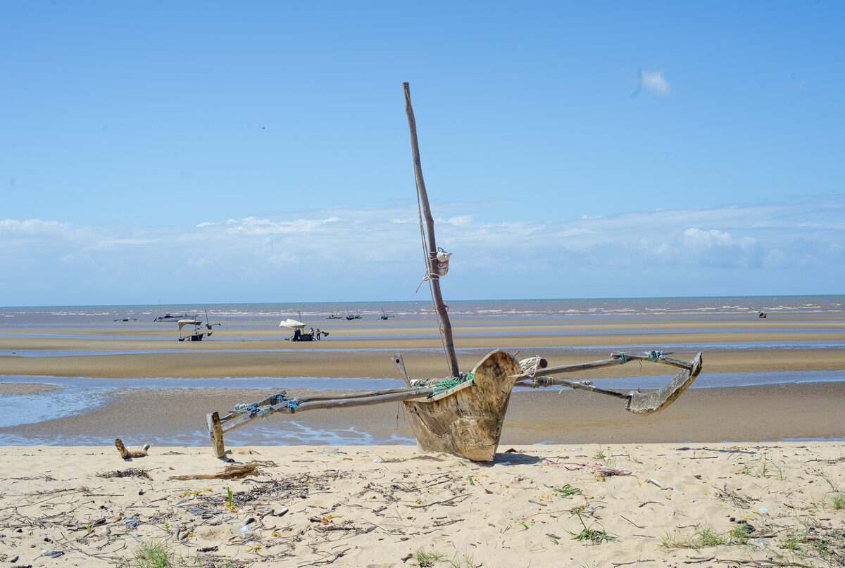 The village and the coast — Buyuni next door, a Swahili door, and a dhow on the sand at low tide.