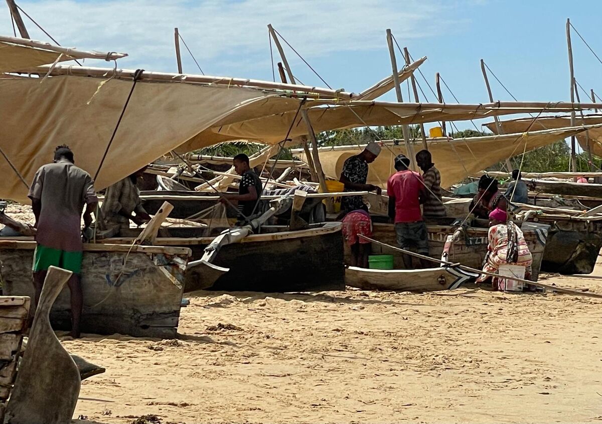 The village and the coast — Buyuni next door, a Swahili door, and a dhow on the sand at low tide.